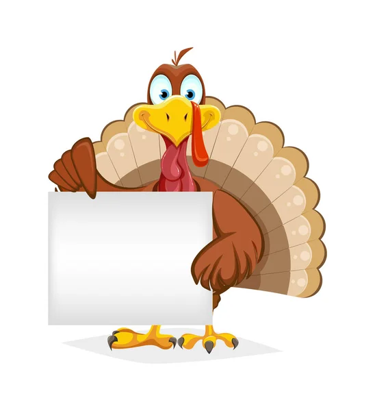 Happy Thanksgiving Day Funny Thanksgiving Turkey Bird Holding Blank Placard — Stock Vector