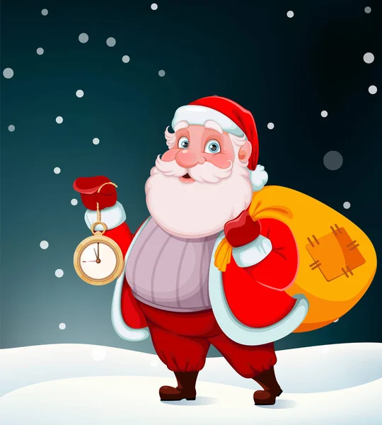圣诞快乐 新年快乐 高高兴兴的圣诞老人拿着钟 提着礼物就走了 矢量说明 — 图库矢量图片