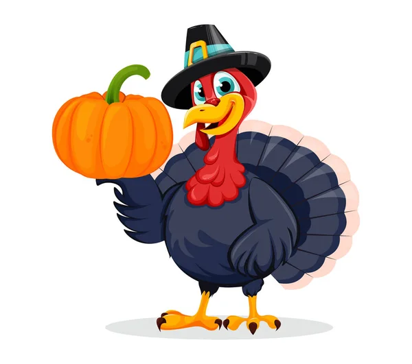 Happy Thanksgiving Day Funny Thanksgiving Turkey Bird Cartoon Character Holding — Stock Vector