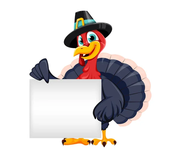 Happy Thanksgiving Day Funny Thanksgiving Turkey Bird Cartoon Character Holding — Stock Vector