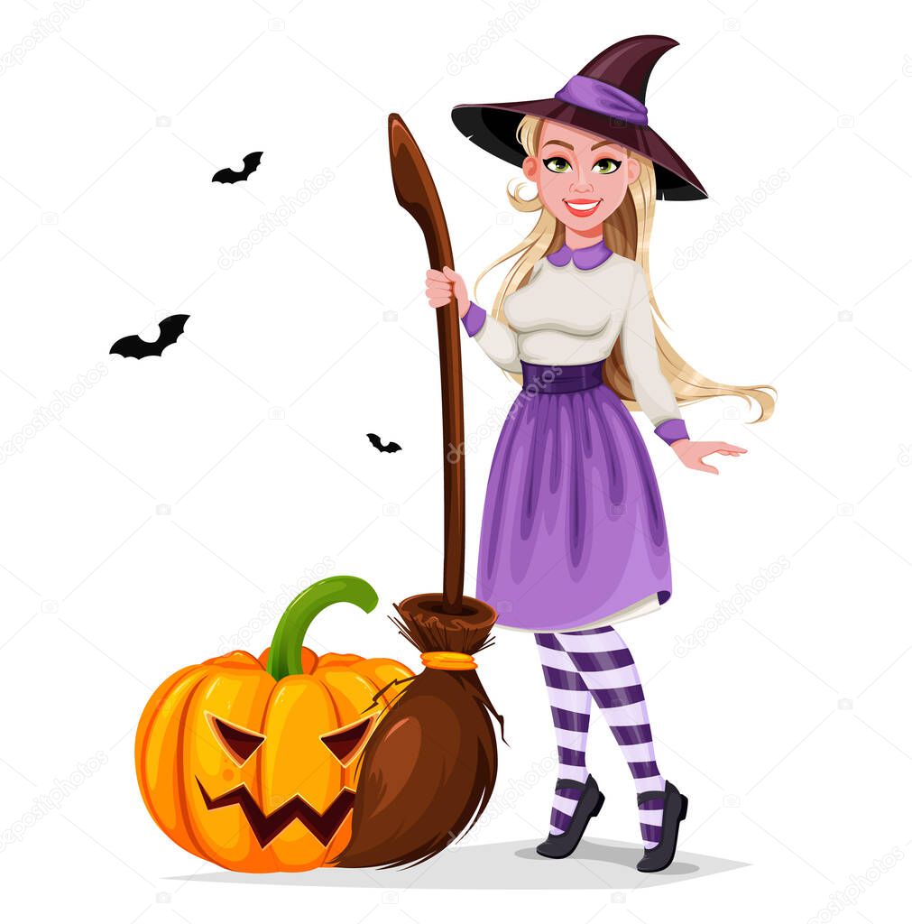 Happy Halloween. Beautiful witch cartoon character holding broomstick and standing near pumpkin. Vector illustration on white background