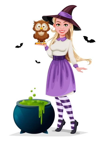 Wesołego Halloween Piękna Postać Kreskówki Czarownica Gospodarstwa Cute Sowa Stoi — Wektor stockowy