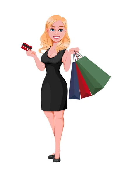 黑色星期五销售概念 漂亮的女人卡通人物 购物袋和信用卡 白色背景的矢量说明 — 图库矢量图片