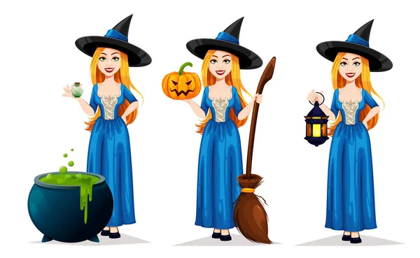 Joyeux Halloween Beau Personnage Dessin Animé Sorcière Ensemble Trois Poses — Image vectorielle