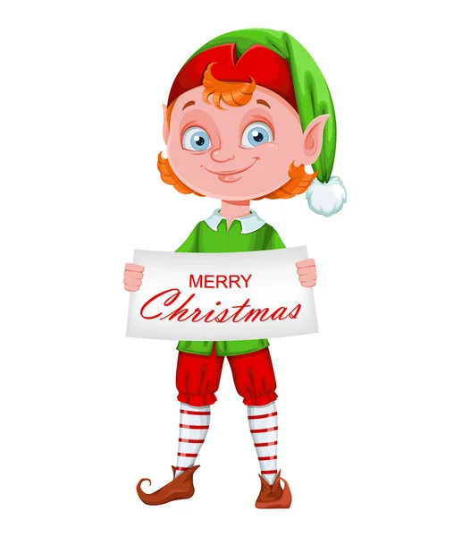 かわいいクリスマスエルフの漫画のキャラクターグリーティングカードを保持 メリークリスマスとハッピーニューイヤーのグリーティングカード 白い背景のベクトルイラスト — ストックベクタ