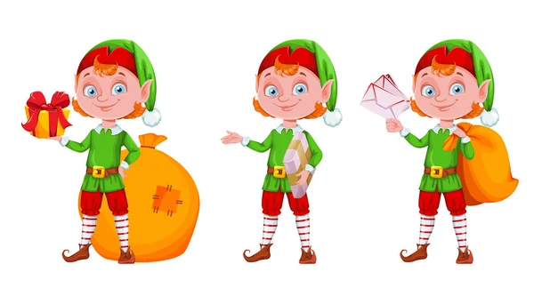 Personagem Desenho Animado Bonito Duende Natal Conjunto Três Poses Feliz — Vetor de Stock