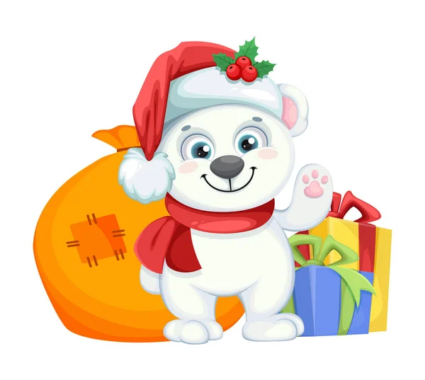 Lindo Personaje Dibujos Animados Oso Polar Pie Con Regalos Feliz — Vector de stock