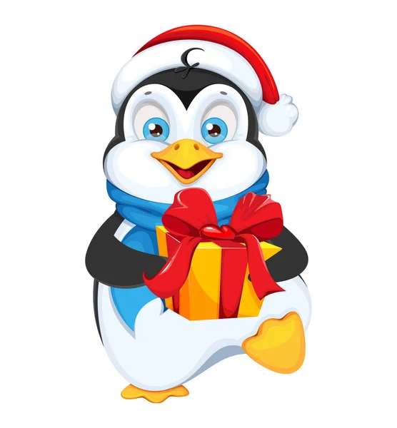 Netter Pinguin Mit Geschenkbox Frohe Weihnachten Und Ein Gutes Neues — Stockvektor