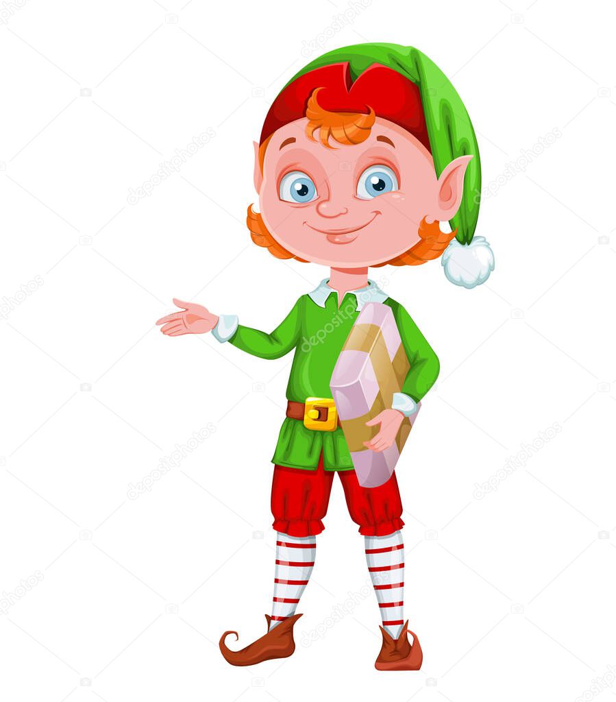 Cute Christmas elf cartoon character holding package. Merry Christmas and Happy New Year greeting card. Vector illustration on white background