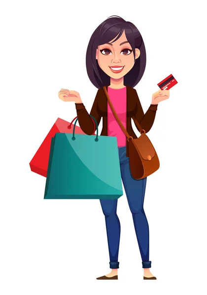 Mujer Negocios Sosteniendo Bolsas Compras Hermoso Personaje Dibujos Animados Mujer — Archivo Imágenes Vectoriales