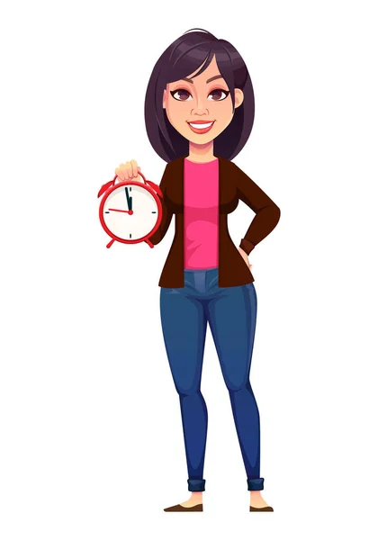 Business Woman Holding Alarm Clock Beautiful Businesswoman Cartoon Character Vector — Stock Vector