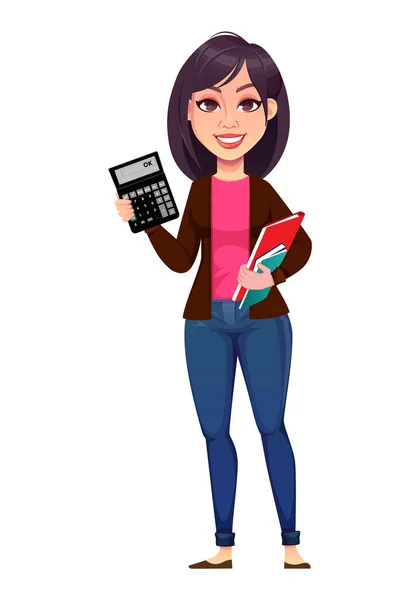 Geschäftsfrau Mit Taschenrechner Schöne Geschäftsfrau Zeichentrickfigur Vektorabbildung Auf Weißem Hintergrund — Stockvektor