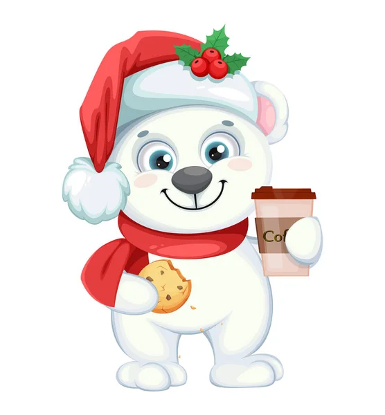 Carino Personaggio Dei Cartoni Animati Orso Polare Con Caffè Biscotti — Vettoriale Stock