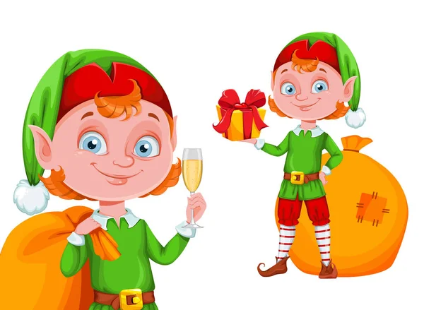 Cute Christmas Elf Postać Kreskówki Zestaw Dwóch Pozach Wesołych Świąt — Wektor stockowy