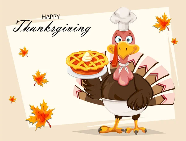 Gelukkige Thanksgiving Day Wenskaart Grappig Stripfiguur Thanksgiving Kalkoen Chef Kok — Stockvector