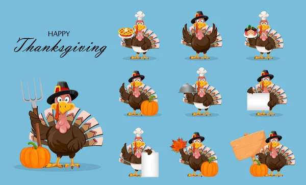 Feliz Día Acción Gracias Divertido Personaje Dibujos Animados Thanksgiving Turquía — Vector de stock