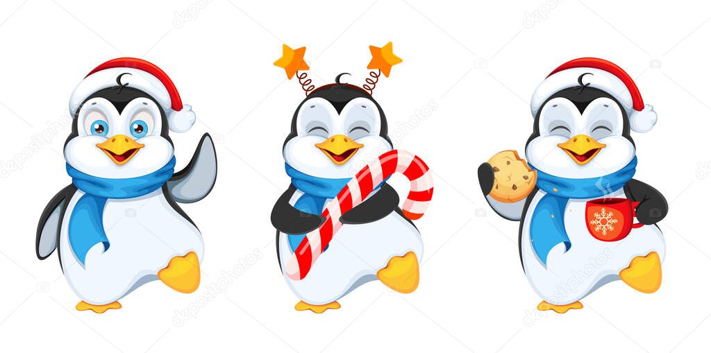 Cute penguin, set of three poses. Merry Christmas and Happy New Year. Funny penguin cartoon character. Vector illustration