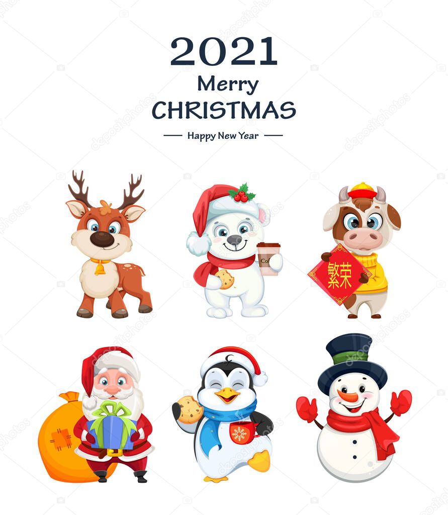 Merry Christmas and Happy New Year. Cute cartoon characters for holidays. Polar bear, Snowman, Bull, Penguin, Santa Claus and Deer. Lettering translates as Prosperity. Vector illustration