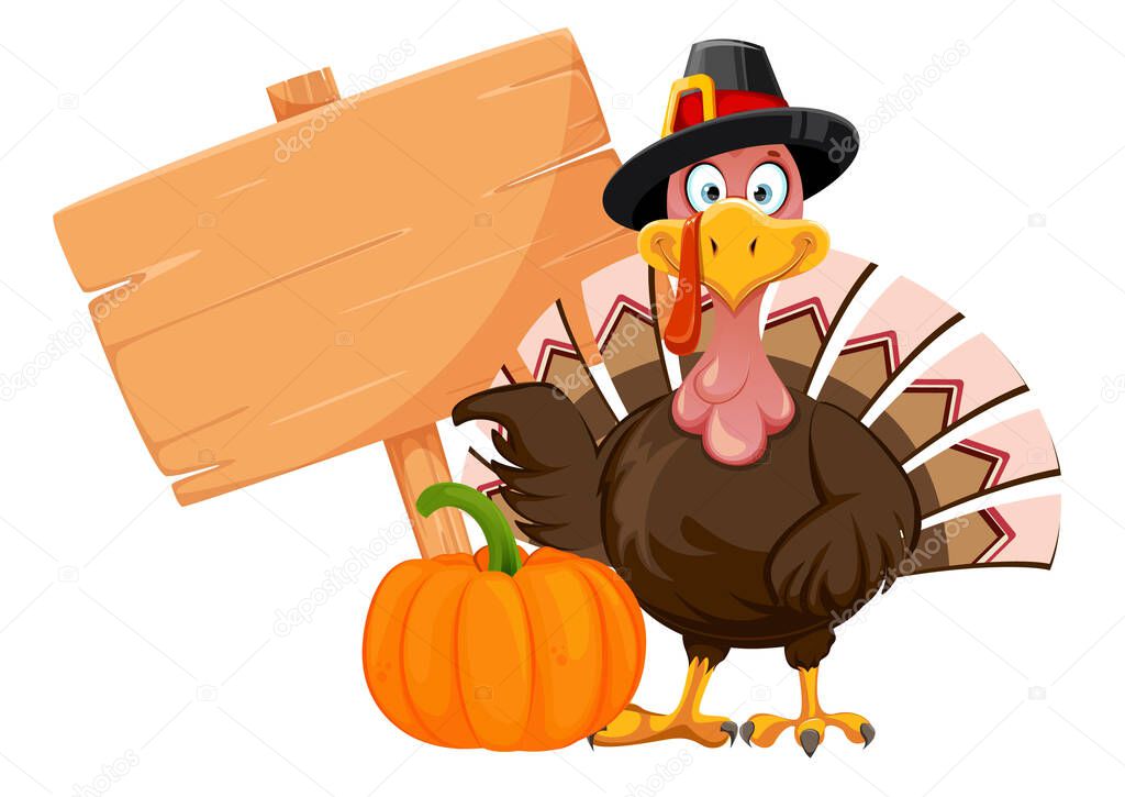Happy Thanksgiving Day greeting card. Funny cartoon character Thanksgiving Turkey bird standing near wooden sign and pumpkin. Vector illustration isolated on white background