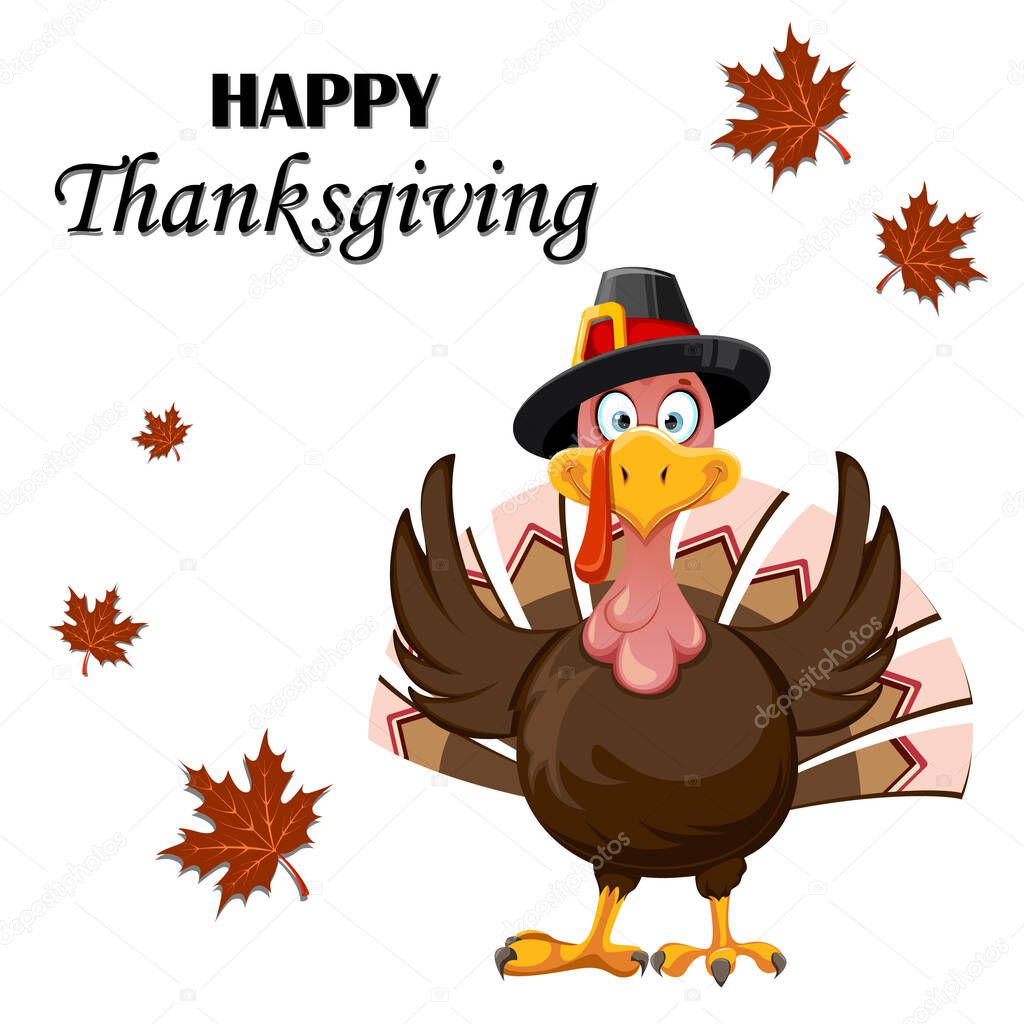 Happy Thanksgiving Day greeting card. Funny cartoon character Thanksgiving Turkey bird. Vector illustration with maple leaves on background