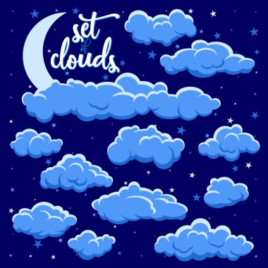Çizgi film bulutlar ve gökyüzü üzerinde izole ay kümesi. Bulutlar vektör toplama ışıkta moon. Cennet Koyu mavi gökyüzünde gece illüstrasyon bulutlar.