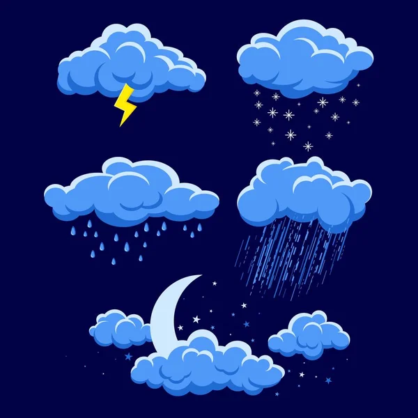 Conjunto Nubes Dibujos Animados Cielo Nocturno Azul Oscuro Ilustración Clima — Vector de stock