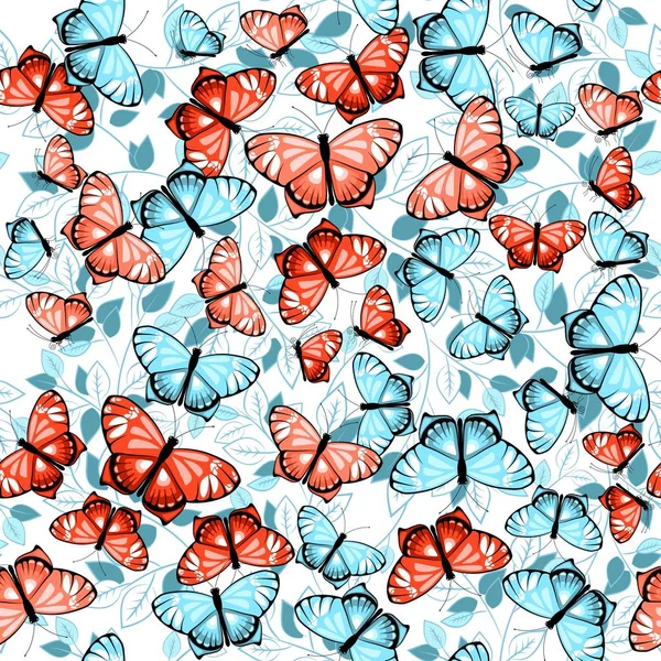 Безшовний Візерунок Синіми Рожевими Персиковими Кольорами Метеликів Листя Білому Тлі — стоковий вектор