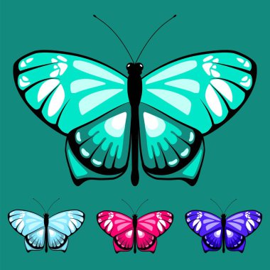 Suluboya vektör kelebek boyama kitabı çocuklar için ayarla. Kelebekler renkli kum resim için beyaz arka plan üzerinde izole renkler. Güzel karikatür kelebek çocuk için ayarla.