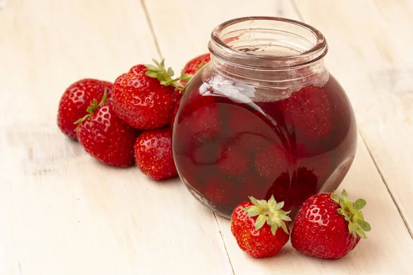 Strawberry Jam Jar Fresh Strawberries White Wooden Background Glass Jar — Stock Photo, Image