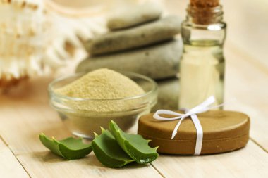 Aloe vera ve uçucu yağ beyaz zemin üzerine cam kase kozmetik çamur maskesi hazırlanıyor. Kozmetik çamur toz el ile sabun, yüz kil tozu spa ürünleri ile tabloda yapılır. Ev ya da salon tedavisi için doğal kozmetik