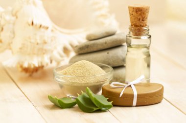 Aloe vera ve uçucu yağ beyaz zemin üzerine cam kase kozmetik çamur maskesi hazırlanıyor. Kozmetik çamur toz el ile sabun, yüz kil tozu spa ürünleri ile tabloda yapılır. Ev ya da salon tedavisi için doğal kozmetik