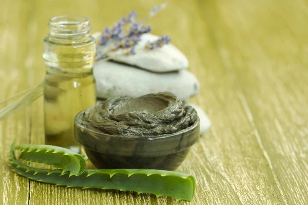 Preparing Cosmetic Mud Mask Glass Bowl Aloe Vera Lavender Essential — Stock Photo, Image