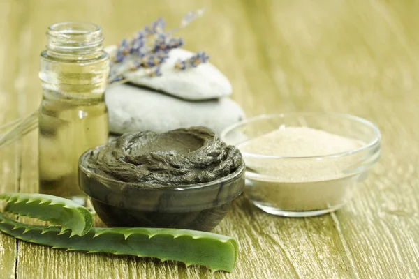 Preparing Cosmetic Mud Mask Aloe Vera Lavender Essential Oil Facial — Stock Photo, Image