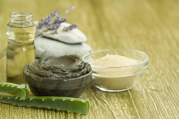 Preparing Cosmetic Mud Mask Aloe Vera Lavender Essential Oil Facial — Stock Photo, Image