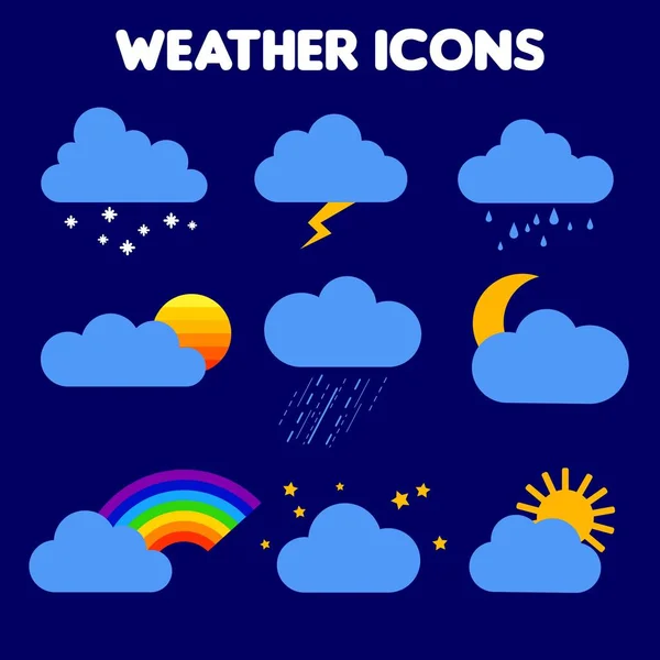 illustration of weather. rain, storm, lightning, snow, sky with stars, rainbow, cloudy, sunset, moon, overcast, sun behind a cloud. Collection of vector clouds. Cartoon clouds set. weather icons