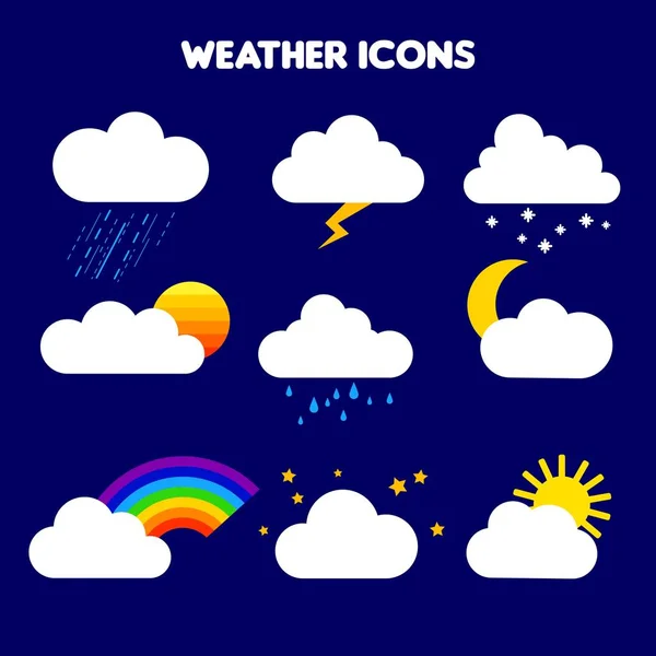 Illustration of weather. rain, storm, lightning, snow, sky with stars, rainbow, cloudy, sunset, moon, overcast, sun behind a cloud. Collection of vector clouds. Cartoon clouds set. weather icons — Stock Vector