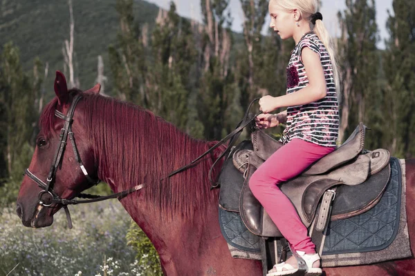 Cute young girl rides in saddle riding a brown horse in forest or Park at sunset. blond child is travelling on a beautiful horse. The girl and horse in a blooming field. Children\'s summer sports camp