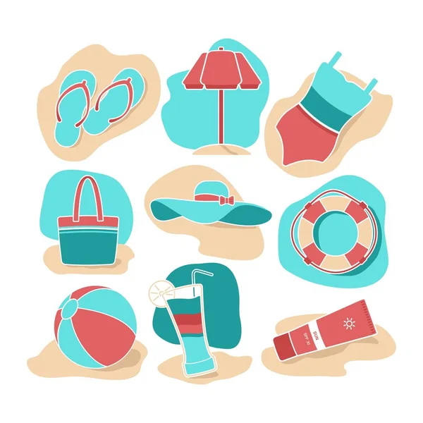 Flat style vector icon set. Set of colorful beach icons swimsuit, sea, hat, sunscreen, tan, cocktail, drink, glass, beach umbrella, slates, flip flops, beach bag, sun, ball, lifeline, sun, sand.