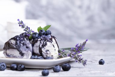 Mavi arka plan üzerinde lavanta ile Vanila ve yaban mersini dondurma. Taze vitamin beslenmesi. Doğal vejetaryen sağlıklı gıda. Dondurma dekorasyonu. Yaz geçmişi. Vejetaryen ürün. Doğa tasarımı.