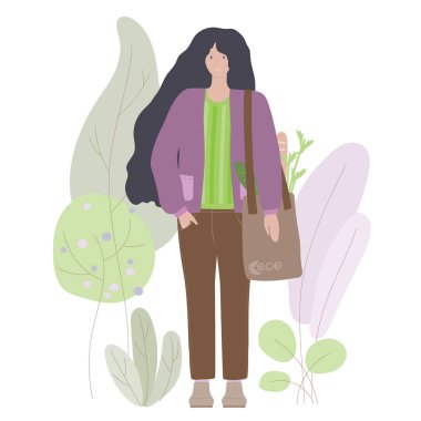 Düz vektör çizimlerinin yeşil yaşam tarzı sona erdi. Tekstil çantası tutan genç kadınlar doğal ürünler. Sıfır atık alışverişi, vejetaryenlik, çevre koruma, ekoloji koruma kavramı.