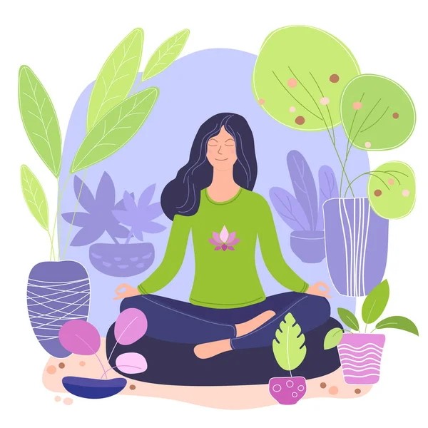Green Lifestyle Home Yoga Flache Vektorillustrationen Junges Mädchen Meditiert Einem — Stockvektor