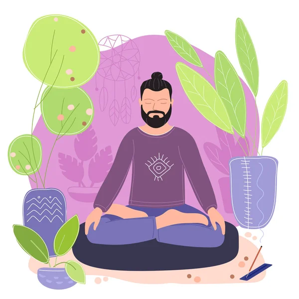 Grön Livsstil Hem Yoga Platt Vektor Illustrationer Hipstermannen Mediterar Ett — Stock vektor