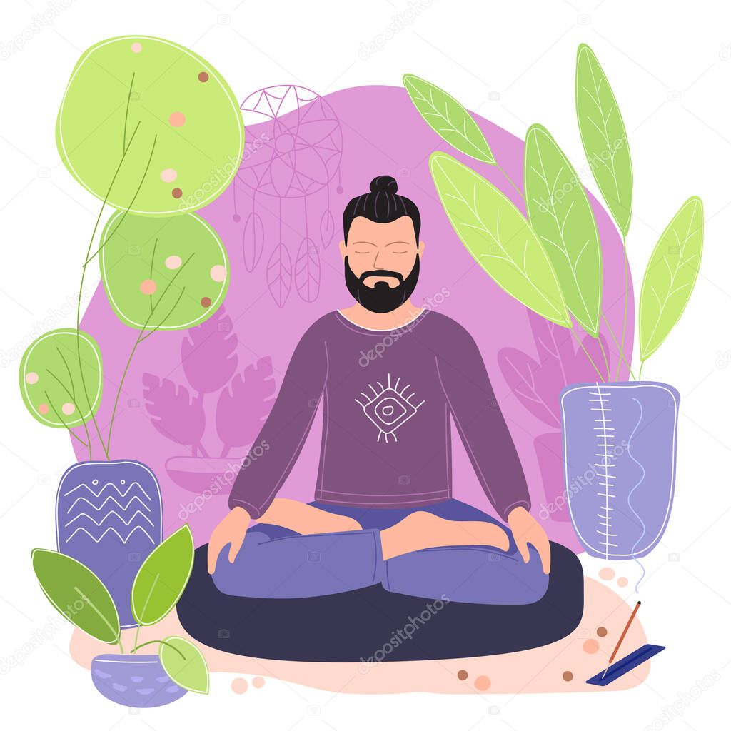 Green lifestyle home yoga flat vector illustrations. hipster man meditates in a green house. Home yoga practice. Yoga day. Self-isolation., vegetarianism, ecology protection concept.