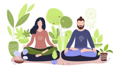 Karantina, ev kavramında kalın. İki kişi evinde, odasında ya da dairesinde oturup yoga yapıyor, meditasyonun tadını çıkarıyor, dinleniyor. Yeşil yaşam tarzı ev yoga düz vektörü. hippi çift meditasyon yapıyor..