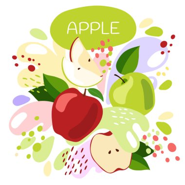 Organik meyve içeceğinin vektör çizimi. Taze elma suyu arkaplanlı olgun elma meyveleri. Doğal meyve suyu etiketi için eko kavramı