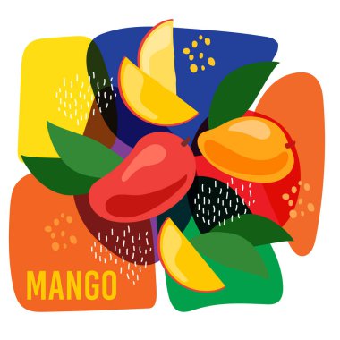 Soyut arka planda olgun mango meyvelerinin vektör çizimi. Doğal mango meyve etiketi için eko kavramı