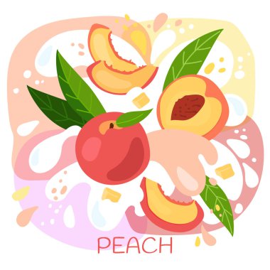 Organik şeftalili milkshake veya meyve içeceğinin vektör çizimi. Taze şeftali suyu ve sütle dolu taze şeftali suyu arkaplanı. Doğal şeftali suyu etiketi için eko konsepti