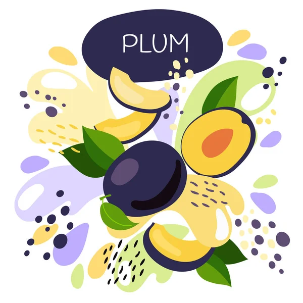 有機フルーツドリンクのベクトルイラストです 鮮やかな梅ジュースの背景のスプラッシュと熟した梅の果物 自然なフルーツスムージーラベルのためのエココンセプト — ストックベクタ