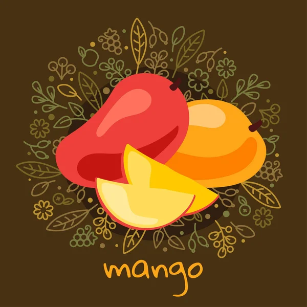 Illustration Vectorielle Fruits Mangue Mûrs Sur Motif Fond Abstrait Avec — Image vectorielle