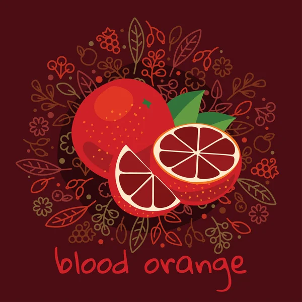 Illustration Vectorielle Fruits Rouges Mûrs Orange Sanguine Sur Motif Fond — Image vectorielle